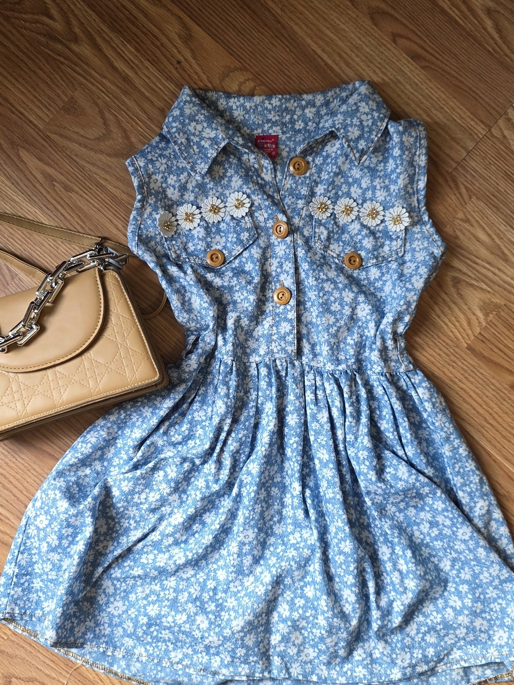 Girls Blue Floral Button-Front Dress with Daisy Trim Sz M